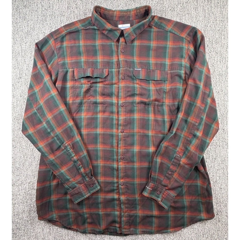 Columbia Plaid Shirt Mens 3XT Green Orange Omni-Wick Long Sleeve Button Down
